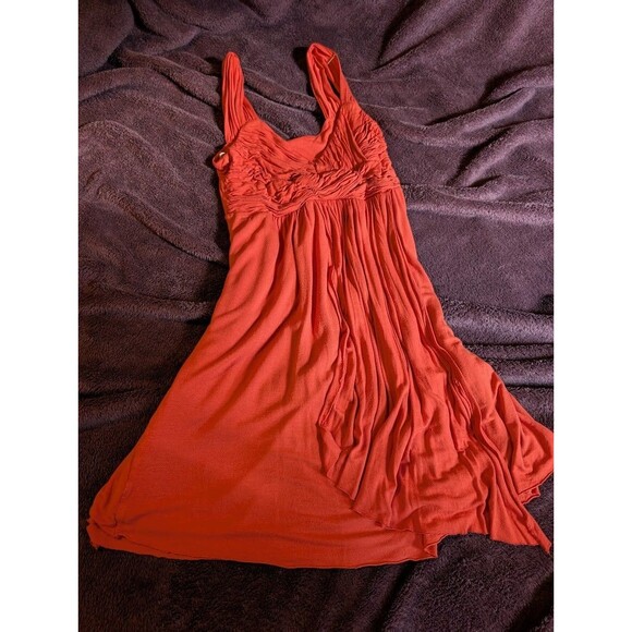 KISCHE Women's Mini Dress Stretch Ruched Empire Waist Sz M Solid Red Orange - Picture 2 of 7